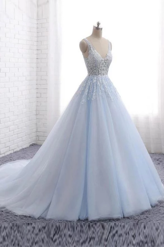 Princess Long Ball Gown Lace Tulle Prom Dresses, V Neck Formal Dresses