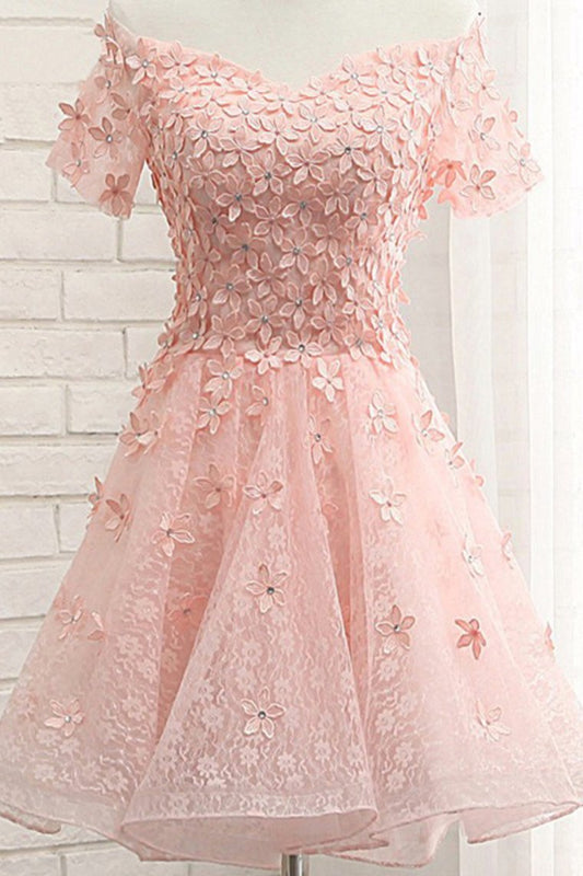 2024 A Line Short Sleeves Lace With Handmade Flowers Homecoming Dresses