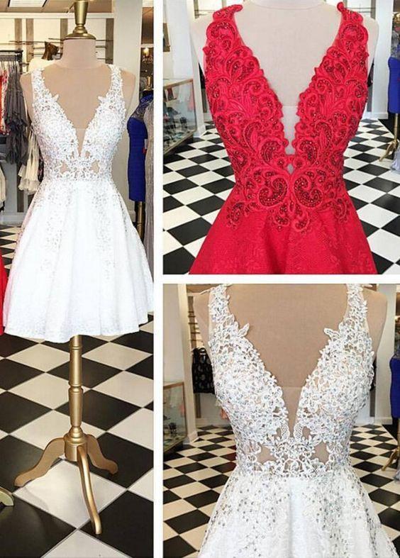 Stylish V-neck Sleeveless White Lace Short Homecoming Dress Beaded RS486