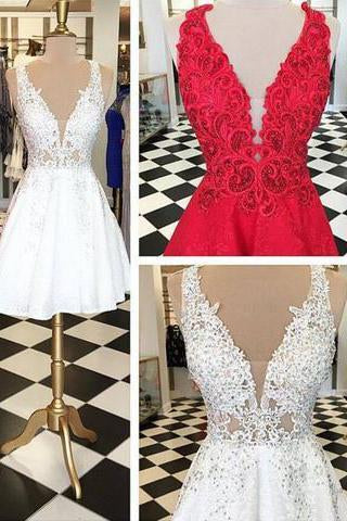 Stylish V-neck Sleeveless White Lace Short Homecoming Dress Beaded RS486