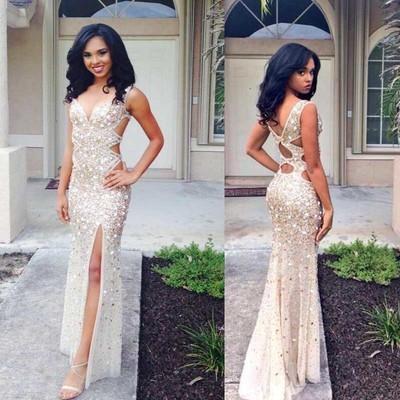 Beaded Rhinestone Mermaid Long Open Back Sleeveless with Slit Prom Dresses RS951