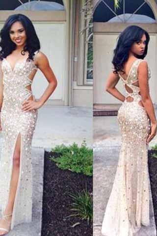 Beaded Rhinestone Mermaid Long Open Back Sleeveless with Slit Prom Dresses RS951