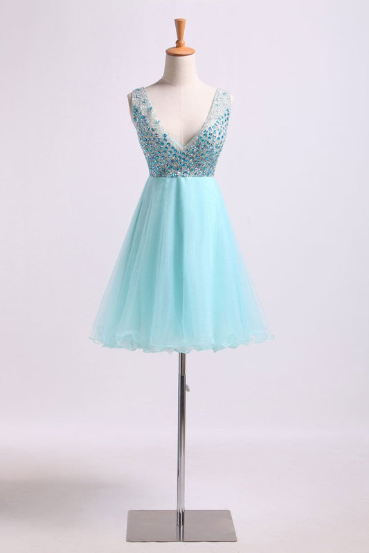 2024 V Neck Homecoming Dresses Beaded Bodice A Line Short/Mini Tulle And Chiffon