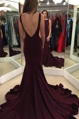 Elegant Scoop Sweep Train Burgundy Backless Mermaid Sleeveless Floor-Length Prom Dresses RS47