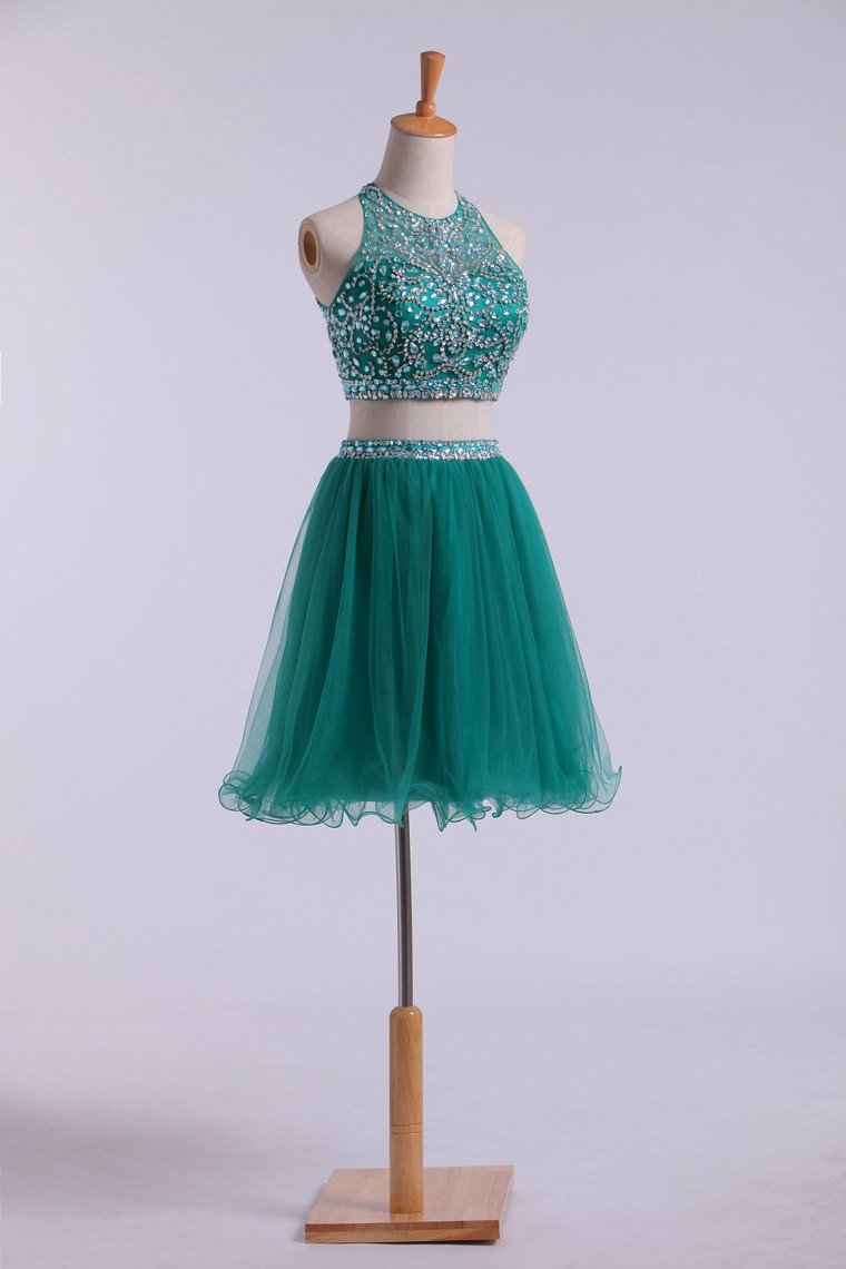 Halter Homecoming Dresses Two-Piece Beaded Bodice Tulle Short