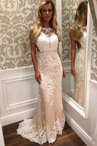 Charming Lace Mermaid Long Sexy Sleeveless Beading See Through Prom Dresses RS149