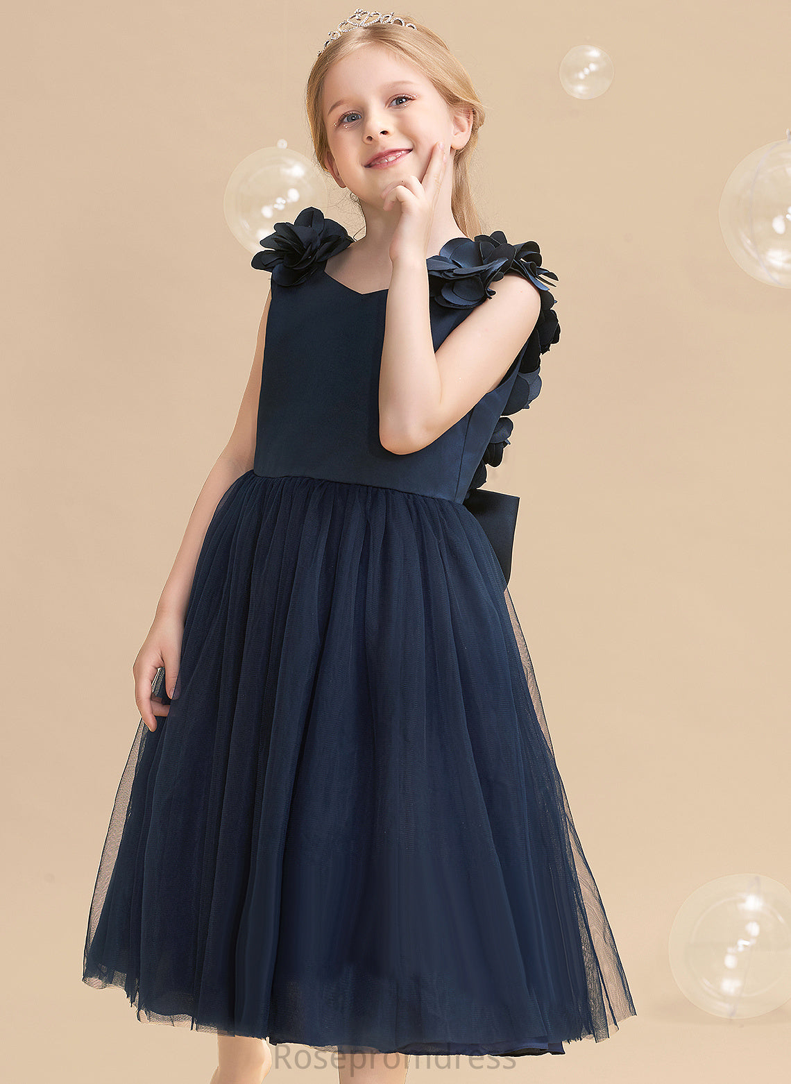 Sleeveless Sally A-Line Flower With Flower Girl Dresses Girl - Tea-length V-neck Flower(s)/Bow(s) Dress Satin/Tulle