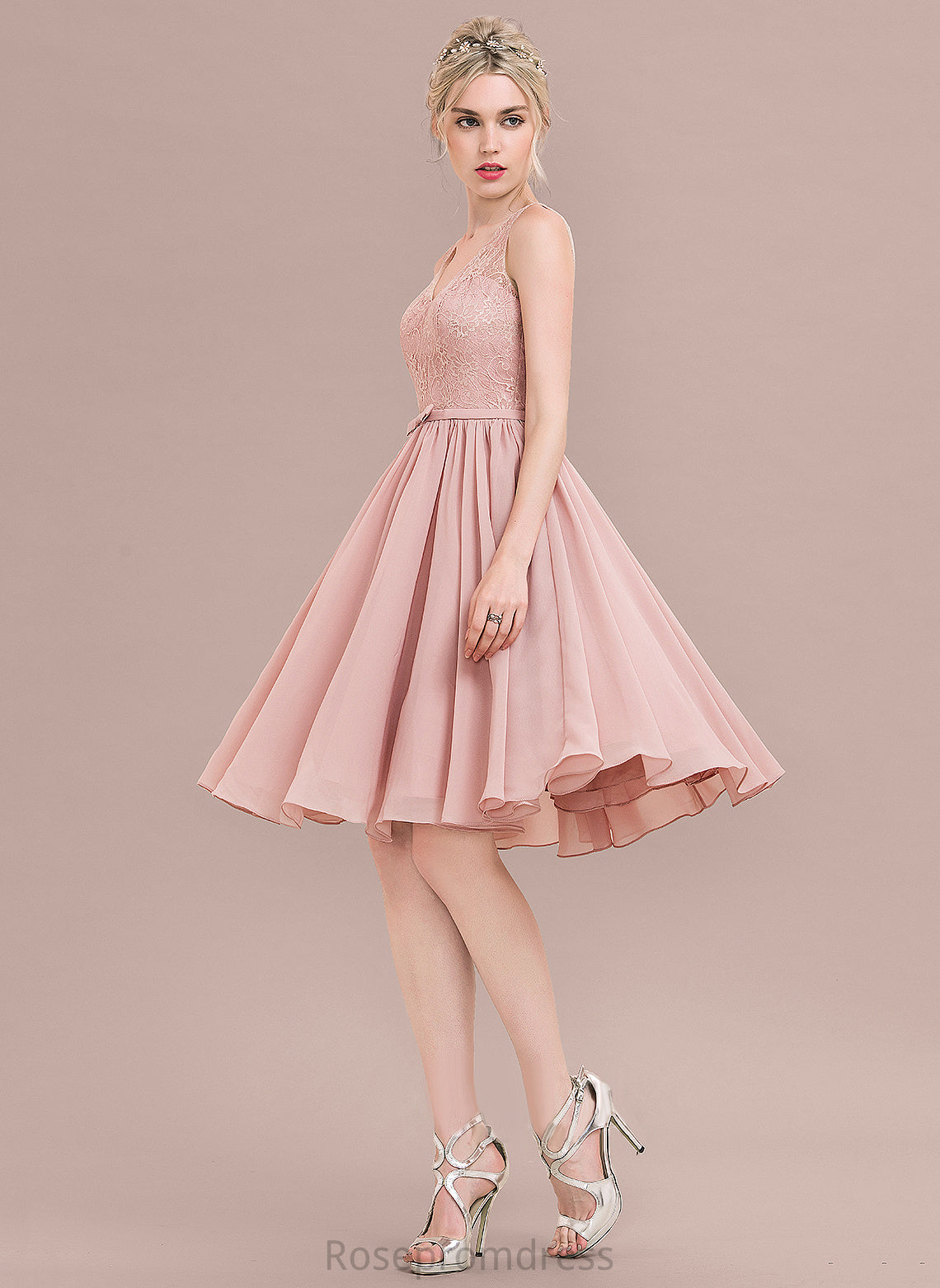 Chiffon Lace Knee-Length With Bow(s) Homecoming V-neck Dress Lace Homecoming Dresses Dulce A-Line