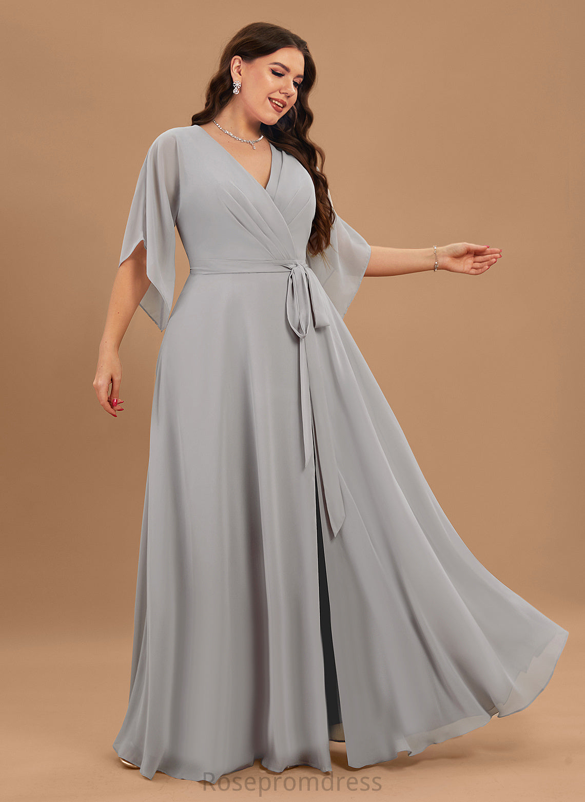 Floor-Length Fabric Silhouette Length V-Neck Straps&Sleeves Neckline A-line Delaney Natural Waist Sweep-Brush Train Trumpet/Mermaid Bridesmaid Dresses