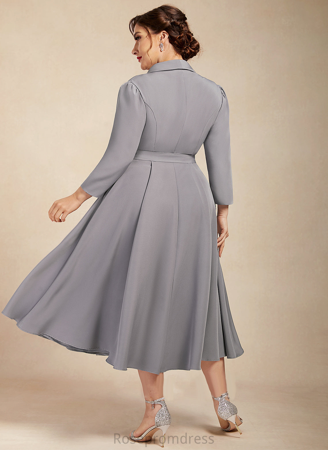 Amirah A-Line Mother of the Bride Dresses of Stretch Tea-Length Crepe the Bride V-neck Mother Dress