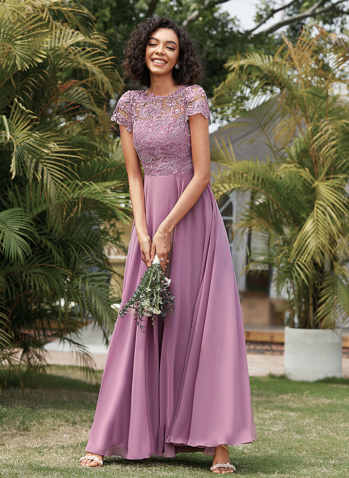 Floor-Length A-Line Chiffon Scoop Lace Nellie Prom Dresses