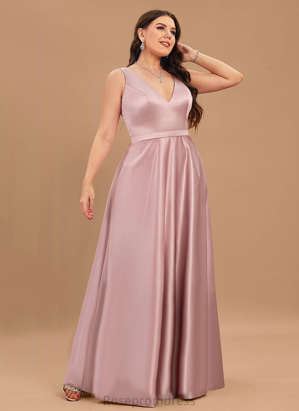 Straps&Sleeves Fabric V-neck Silhouette Floor-Length A-Line Length Neckline Satin Mira Bridesmaid Dresses