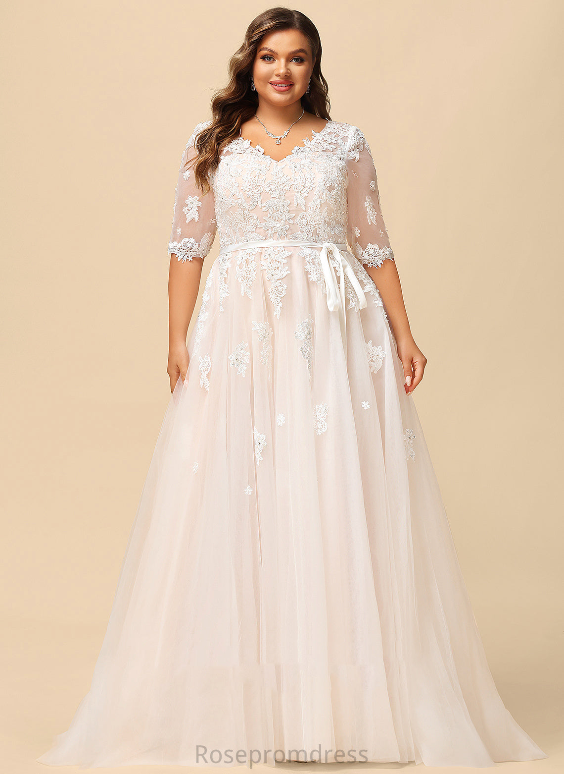 V-neck With Ball-Gown/Princess Beading Sequins Lace Train Satin Court Tulle Appliques Dress Bow(s) Wedding Wedding Dresses Hanna