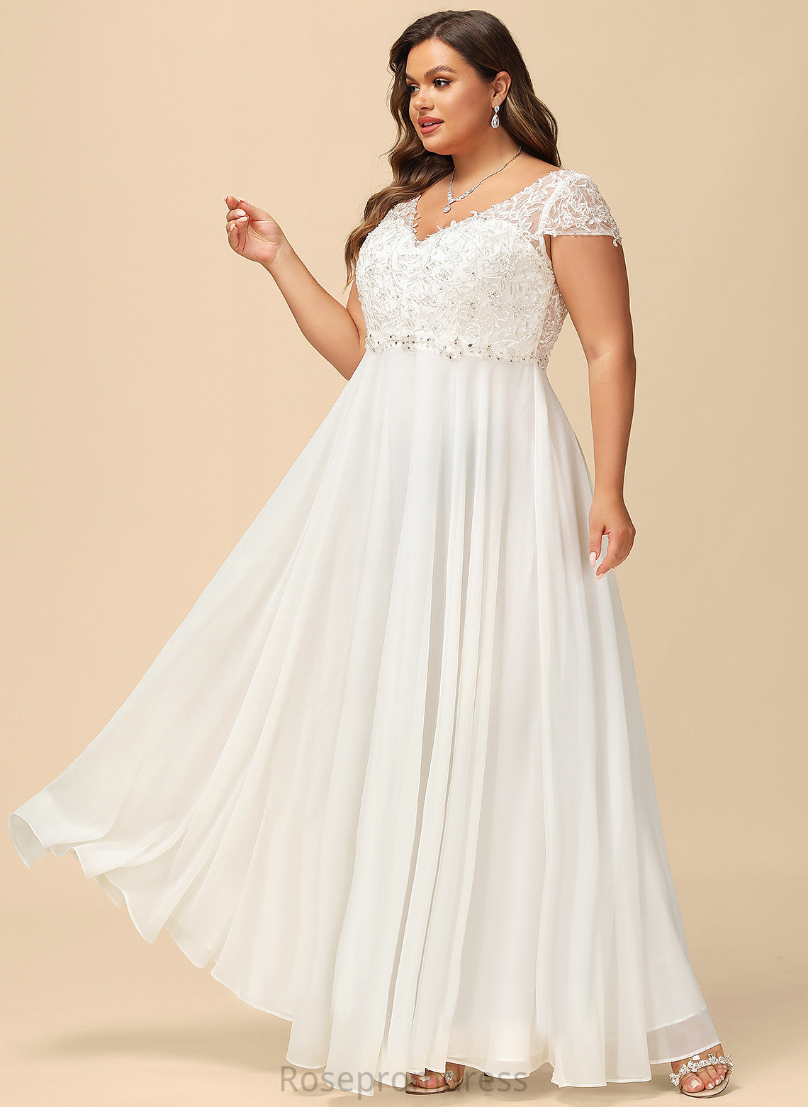 Lyric V-neck Chiffon Lace Floor-Length Dress Wedding Dresses With Sequins Beading Wedding A-Line