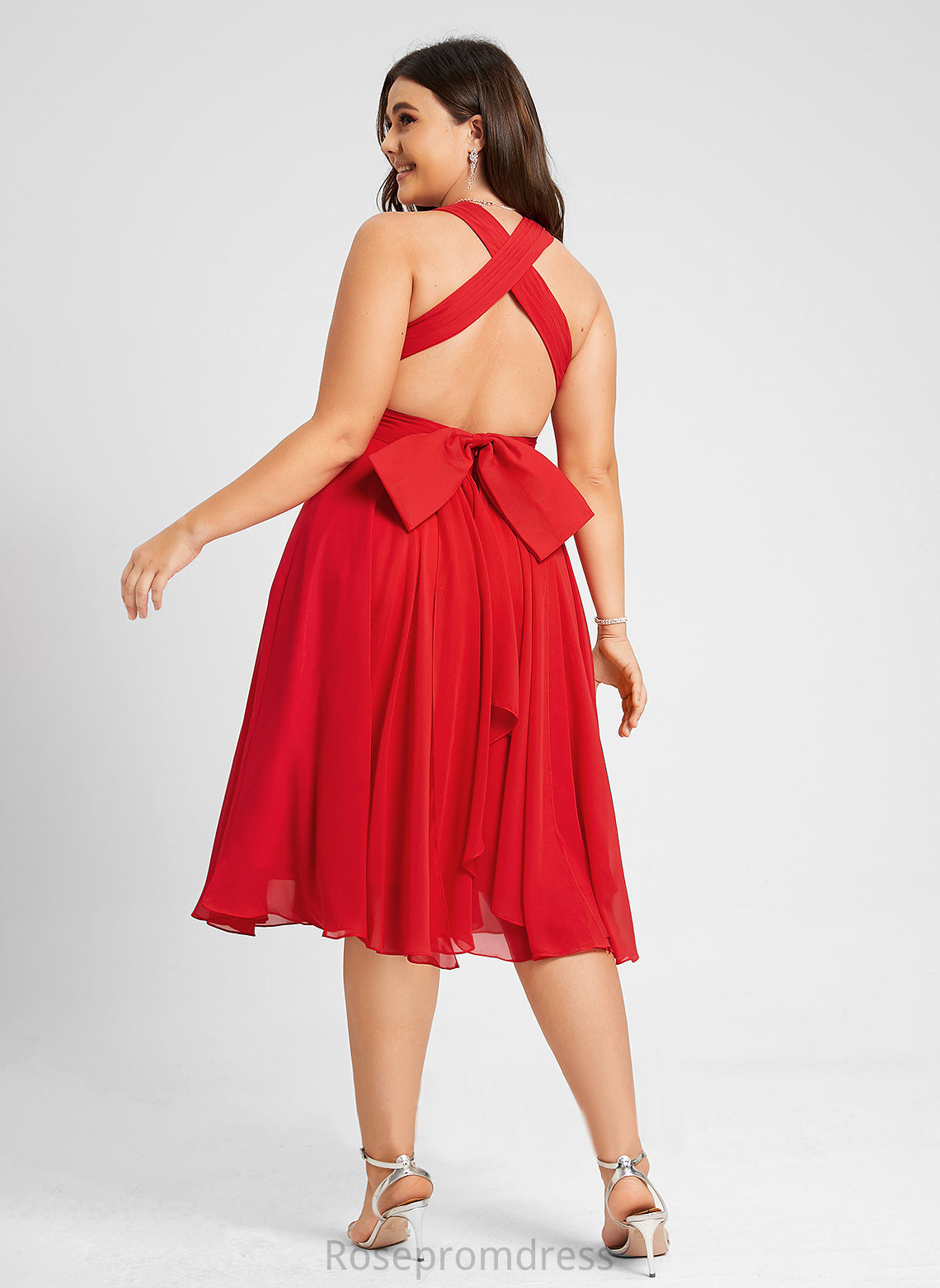 Dress V-neck Chiffon Carolina Cocktail Dresses Knee-Length Cocktail With Bow(s) A-Line Ruffle