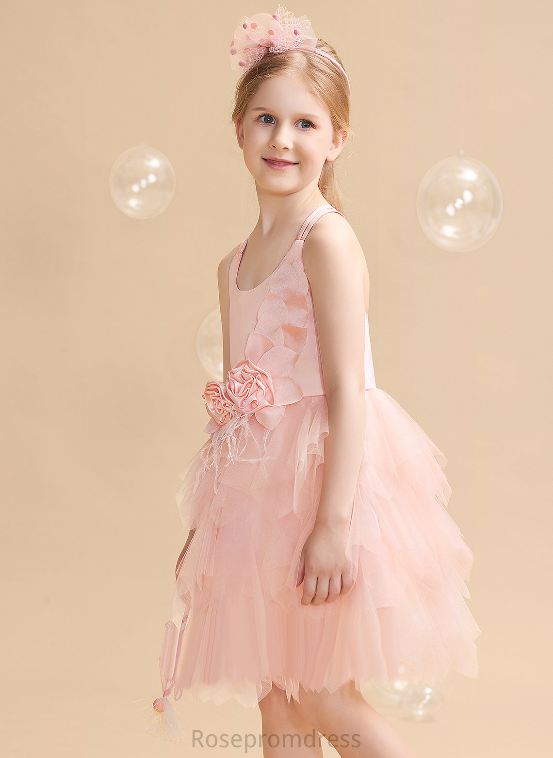 Neck Tulle Knee-length Feather/Flower(s) Teresa Flower Scalloped Flower Girl Dresses Ball-Gown/Princess Girl Dress - Sleeveless With