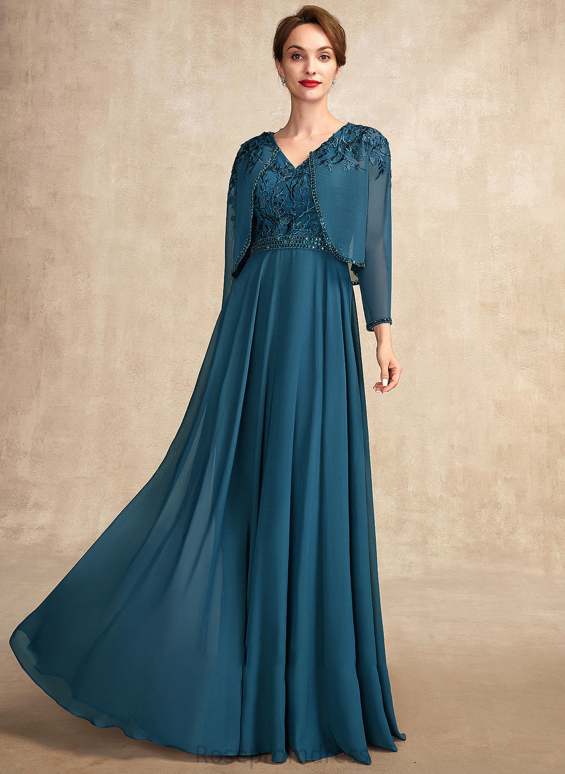 Dress of the Floor-Length Sequins Chiffon Kathryn Bride Beading A-Line Mother of the Bride Dresses Lace With Mother V-neck