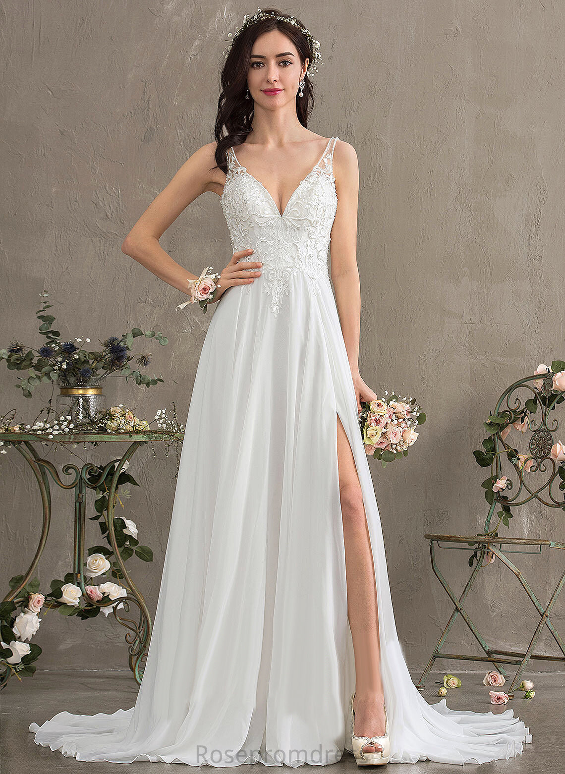 Beading A-Line V-neck Dress Wedding Thalia Sweep Sequins Split Chiffon Lace Wedding Dresses Front With Train