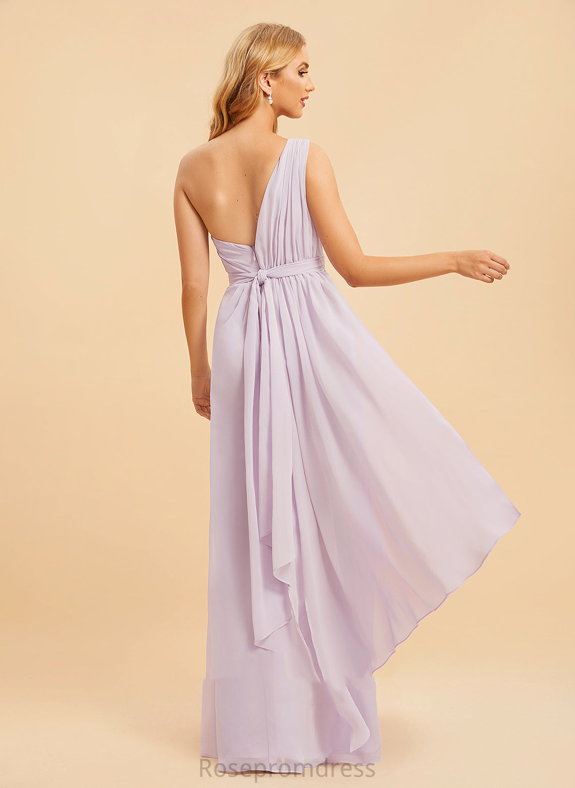 Neckline SplitFront Silhouette Fabric Ruffle A-Line Length Embellishment Floor-Length One-Shoulder Madilynn Empire Waist Bridesmaid Dresses