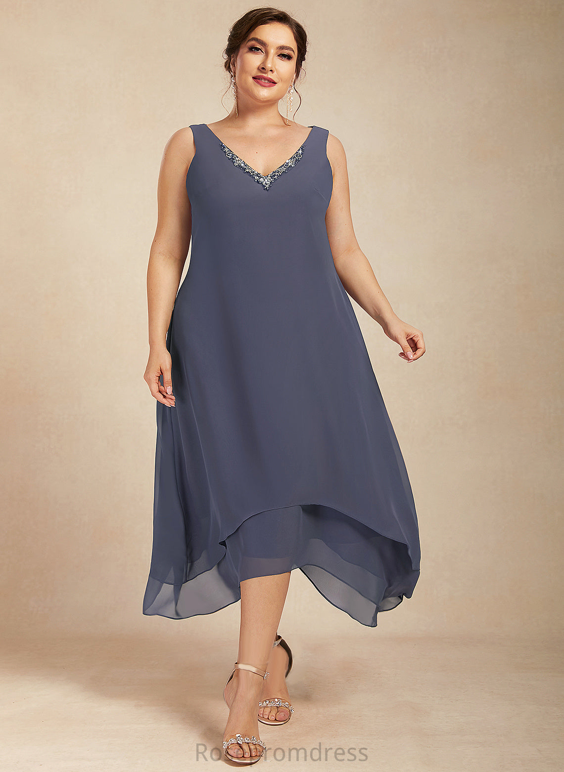 A-Line Madelynn Bride Beading of Mother of the Bride Dresses the Chiffon With V-neck Ankle-Length Dress Mother