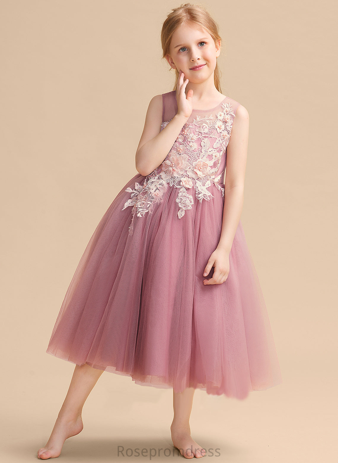 Flower Sleeveless Tulle Girl Tea-length Hayley Ball-Gown/Princess Scoop With - Dress Lace/Beading Flower Girl Dresses Neck