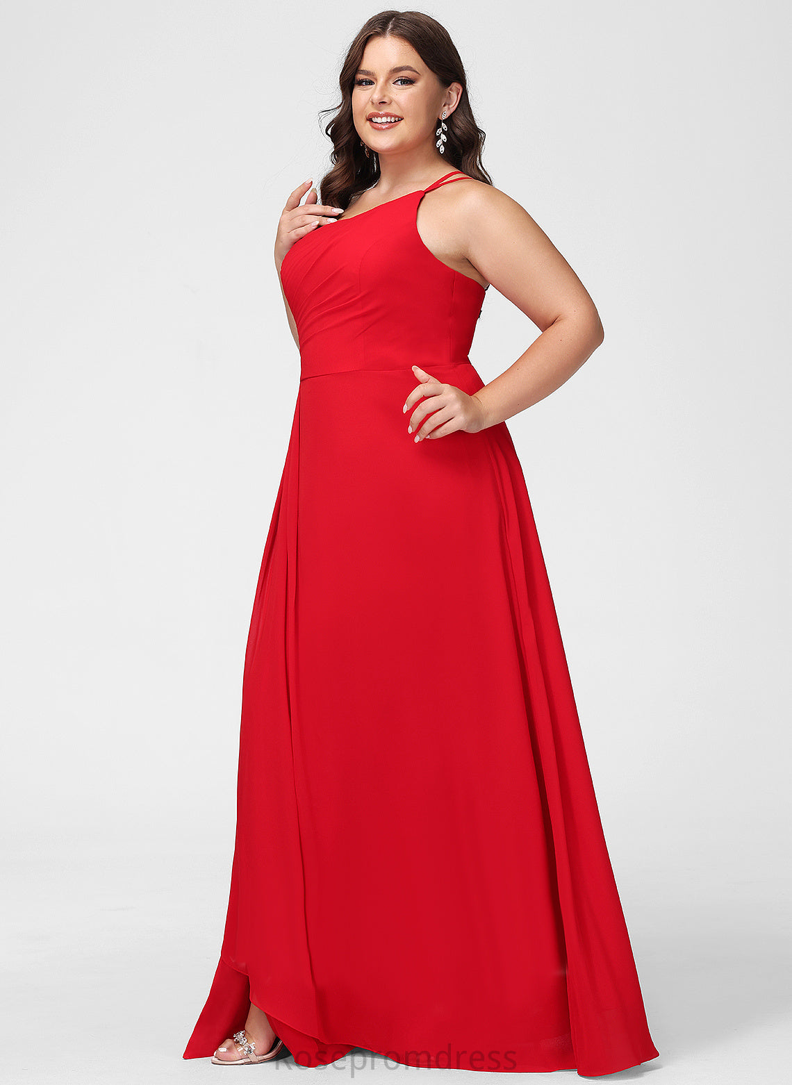 Length Neckline Silhouette Floor-Length One-Shoulder SplitFront Ruffle Embellishment A-Line Fabric Cameron V-Neck Bridesmaid Dresses