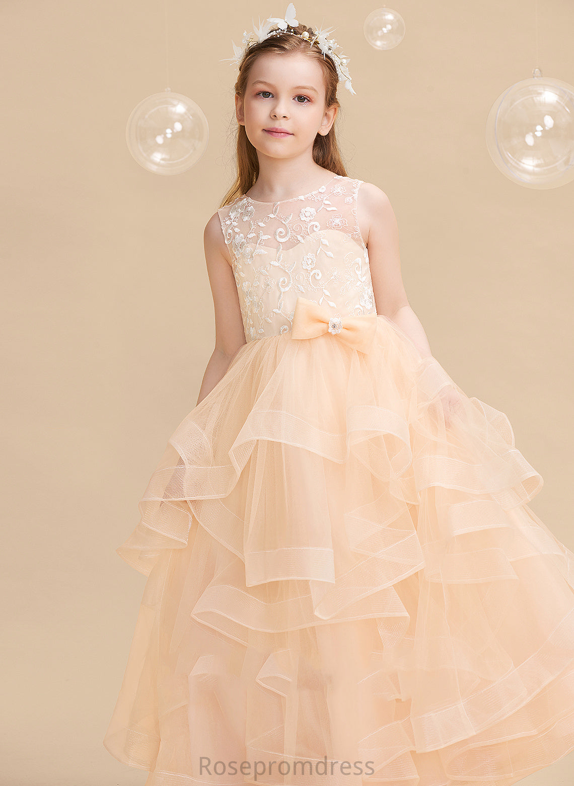 Lola Sleeveless Scalloped Neck Girl Floor-length Dress Ball-Gown/Princess Back Lace/Flower(s)/Bow(s)/V Flower Girl Dresses Flower With Tulle