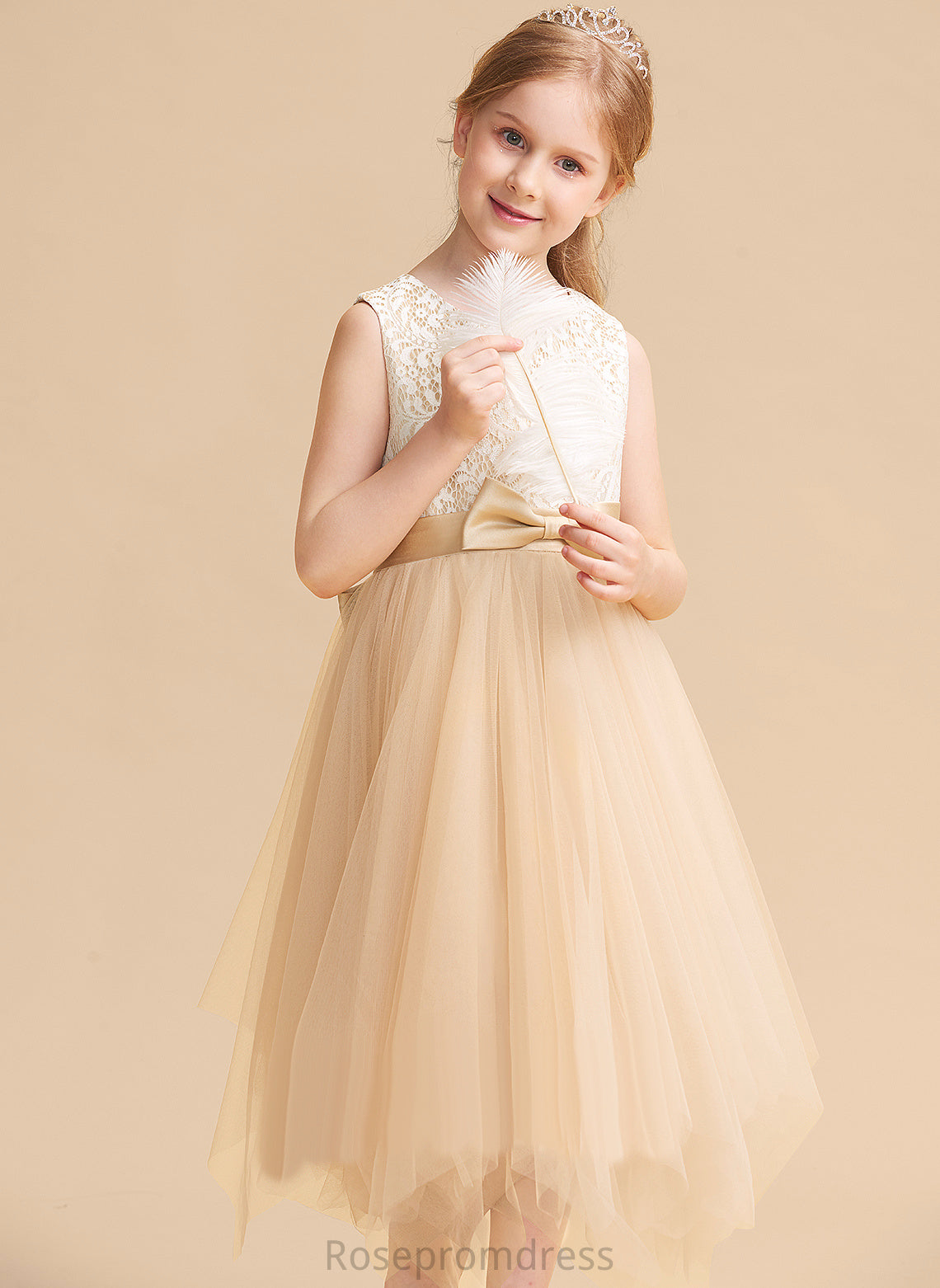 Lilia Flower Girl Dresses With Lace/Bow(s) Neck Tulle Flower Dress - Tea-length A-Line Girl Sleeveless Scalloped