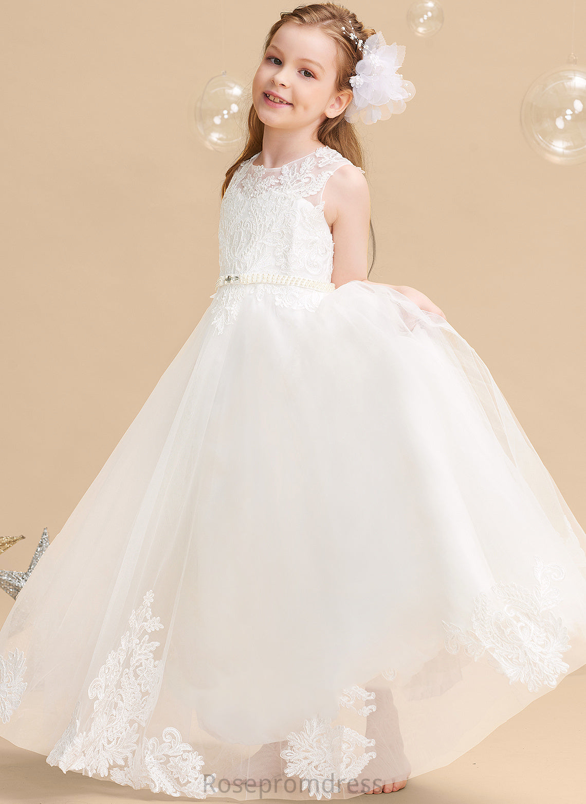 Ball-Gown/Princess Floor-length Beading Tulle/Lace Flower Girl Dresses Flower Dress Neck Scoop - With Girl Serena Sleeveless