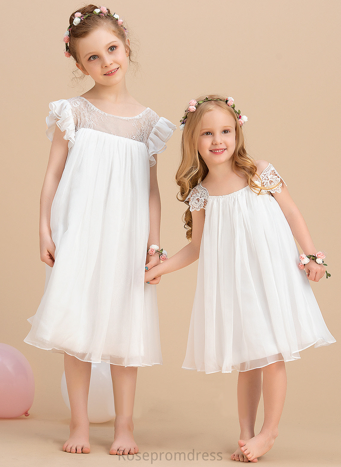 Sleeves Dress Flower Girl Dresses Girl With Scoop Chiffon A-Line - Short Neck Knee-length Nataly Flower Lace