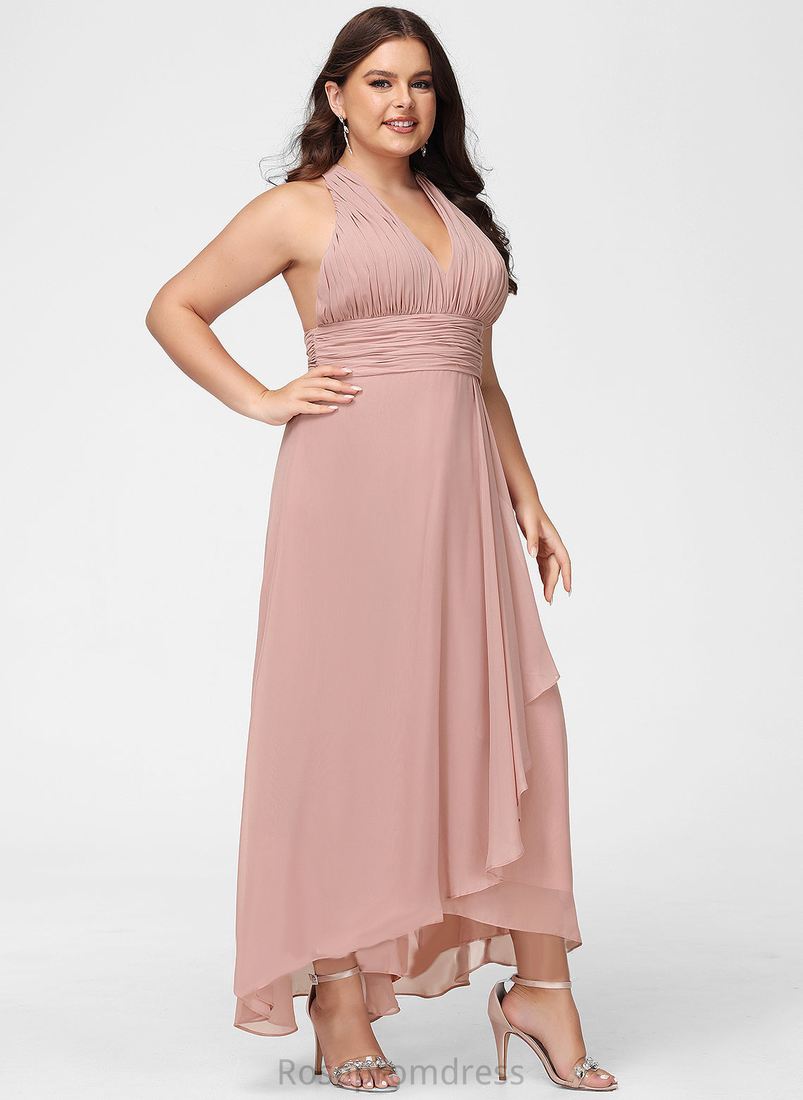 Asymmetrical Fabric V-Neck Neckline A-line Silhouette Length Straps&Sleeves Rachel Natural Waist Sleeveless Floor Length Bridesmaid Dresses