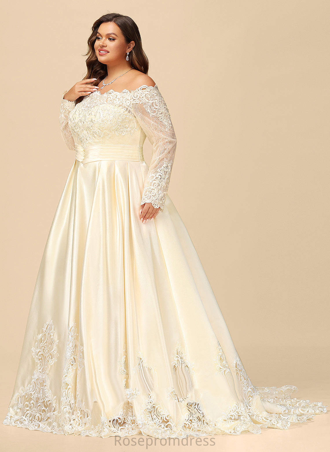 Alaina Sweep Off-the-Shoulder Wedding Sequins Wedding Dresses Lace Ball-Gown/Princess Train Dress With Beading Satin