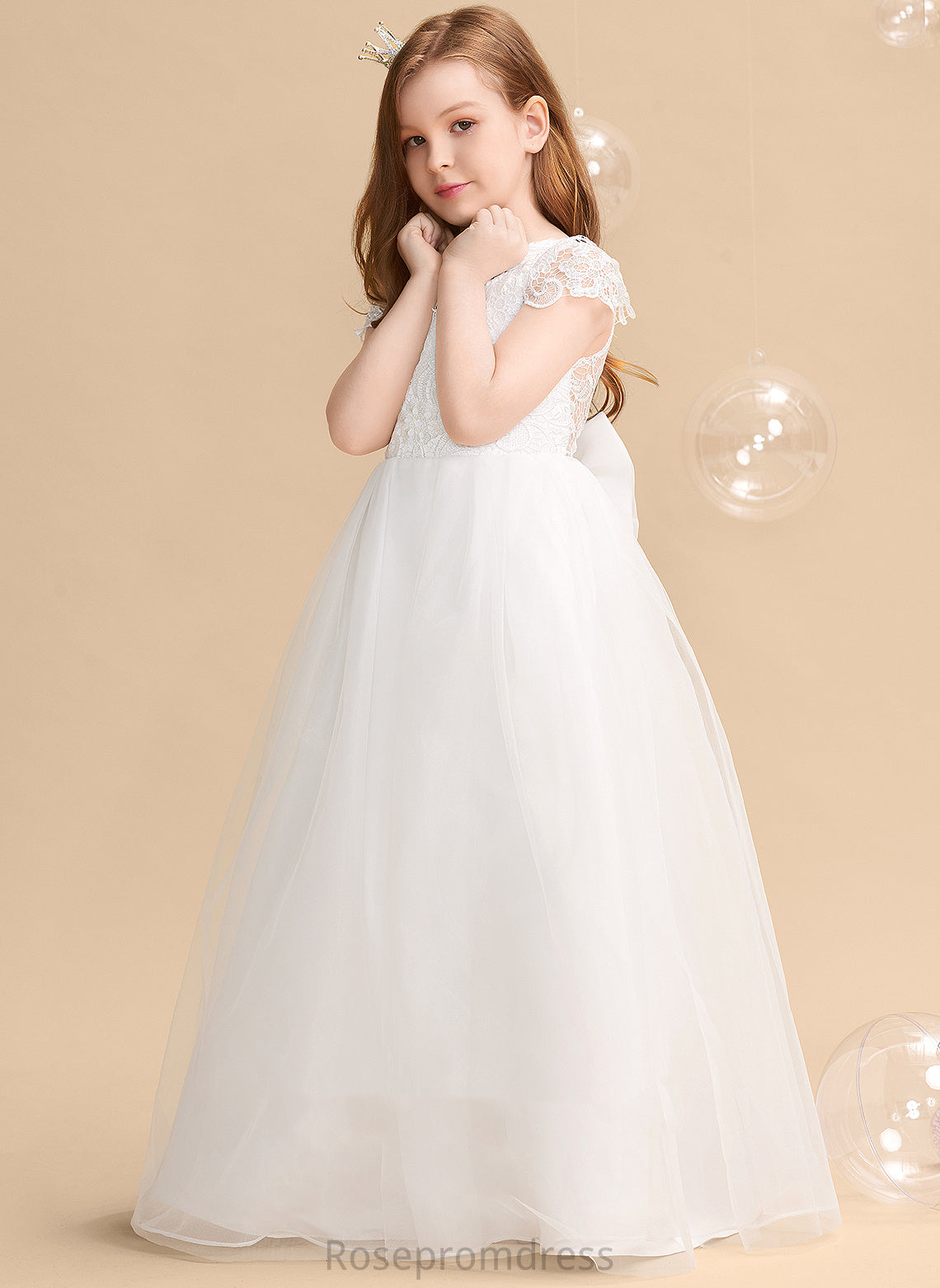 Floor-length Girl Dress Short Neck Tulle/Lace - Bow(s) Flower Ball-Gown/Princess Michaela Scoop Flower Girl Dresses Sleeves With