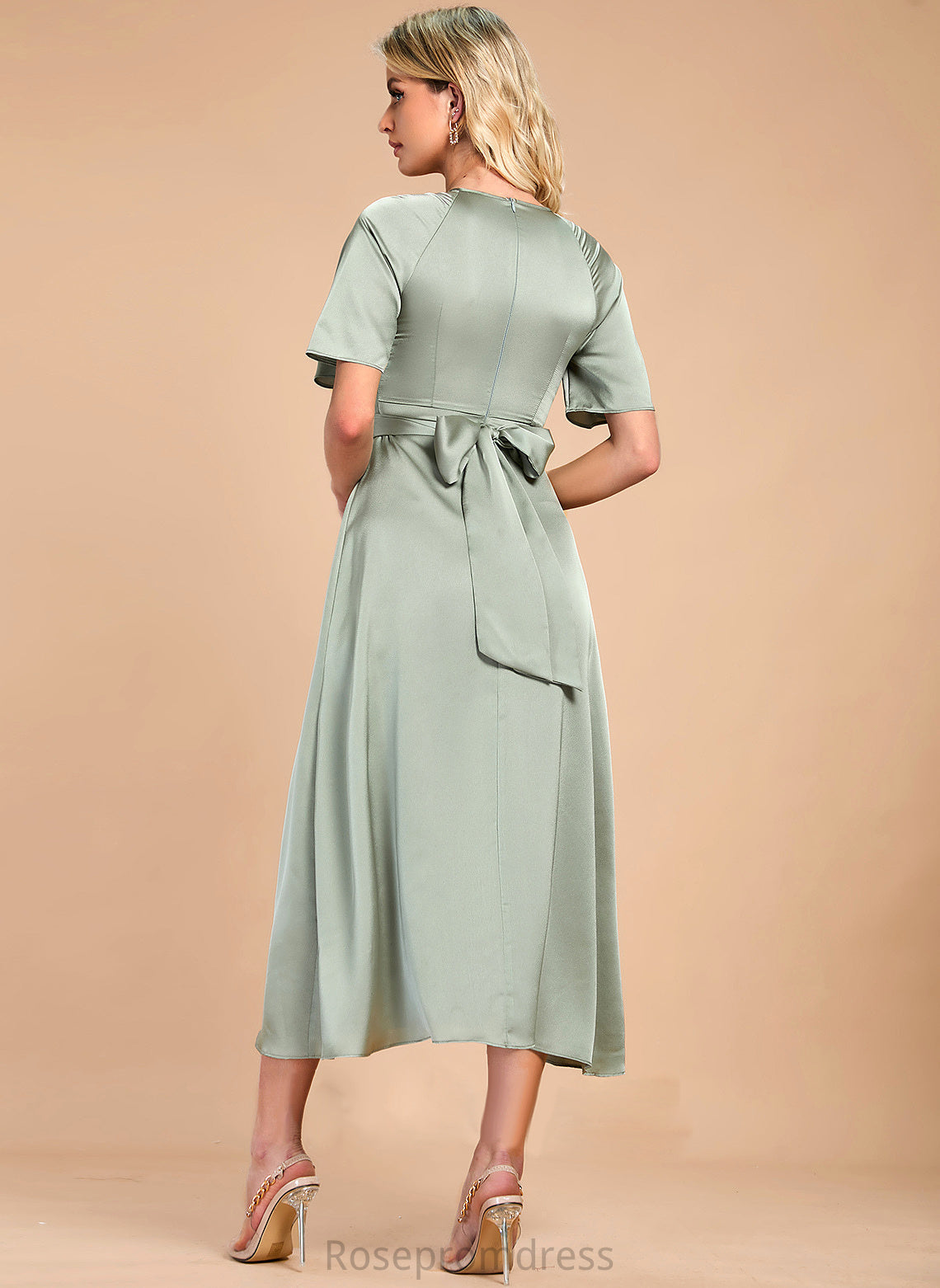 Sleeves Round Elegant Neck Luna A-line Midi Short Club Dresses Satin Dresses