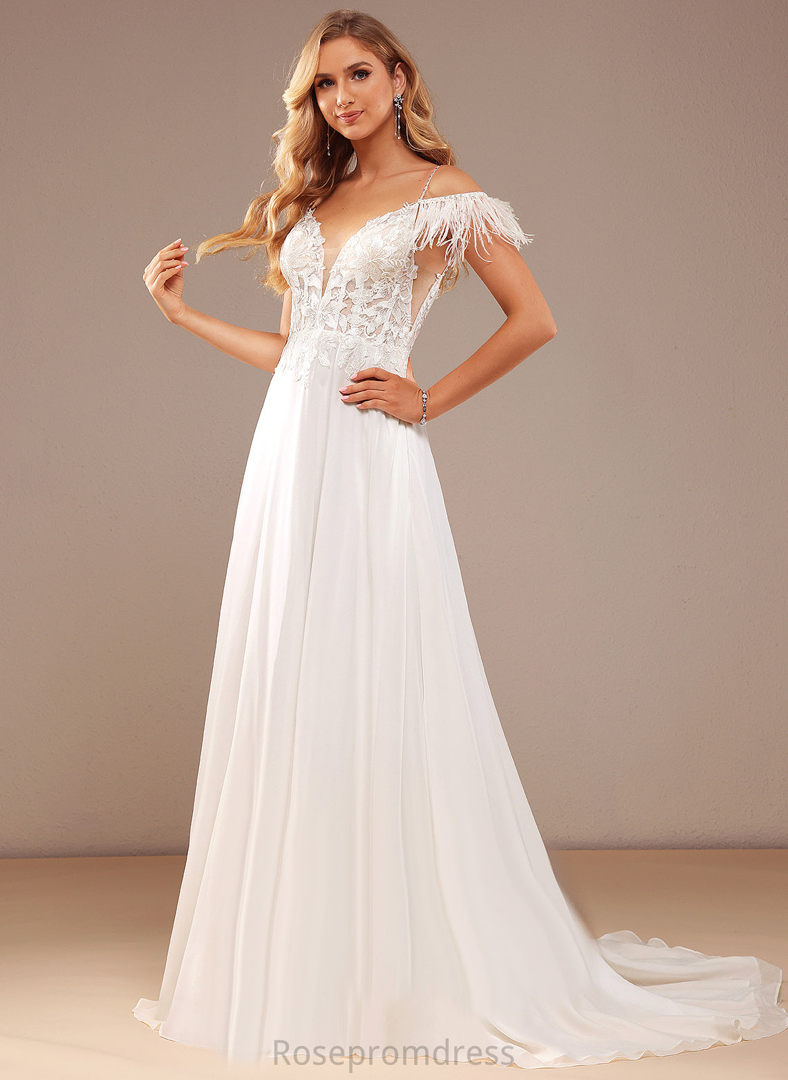 V-neck Wedding Sequins Court Lace Lace Train Beading Pockets Wedding Dresses Amari Chiffon A-Line With Feather Dress