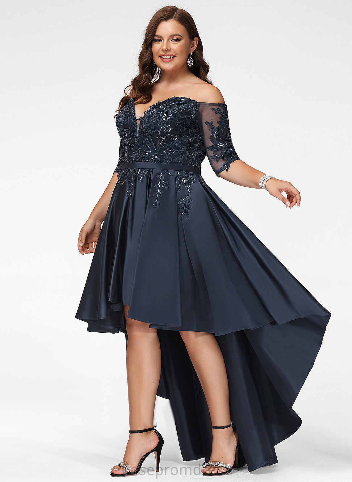 Asymmetrical With Khloe A-Line Sequins Prom Dresses Off-the-Shoulder Lace Satin