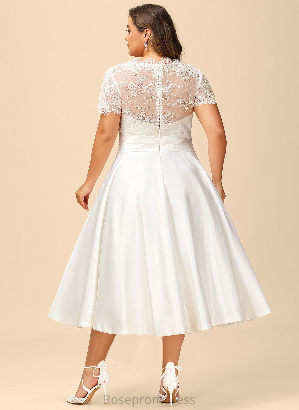 A-Line Lace Satin Ruffle Dress Tea-Length Wedding With Evangeline Wedding Dresses Pockets V-neck