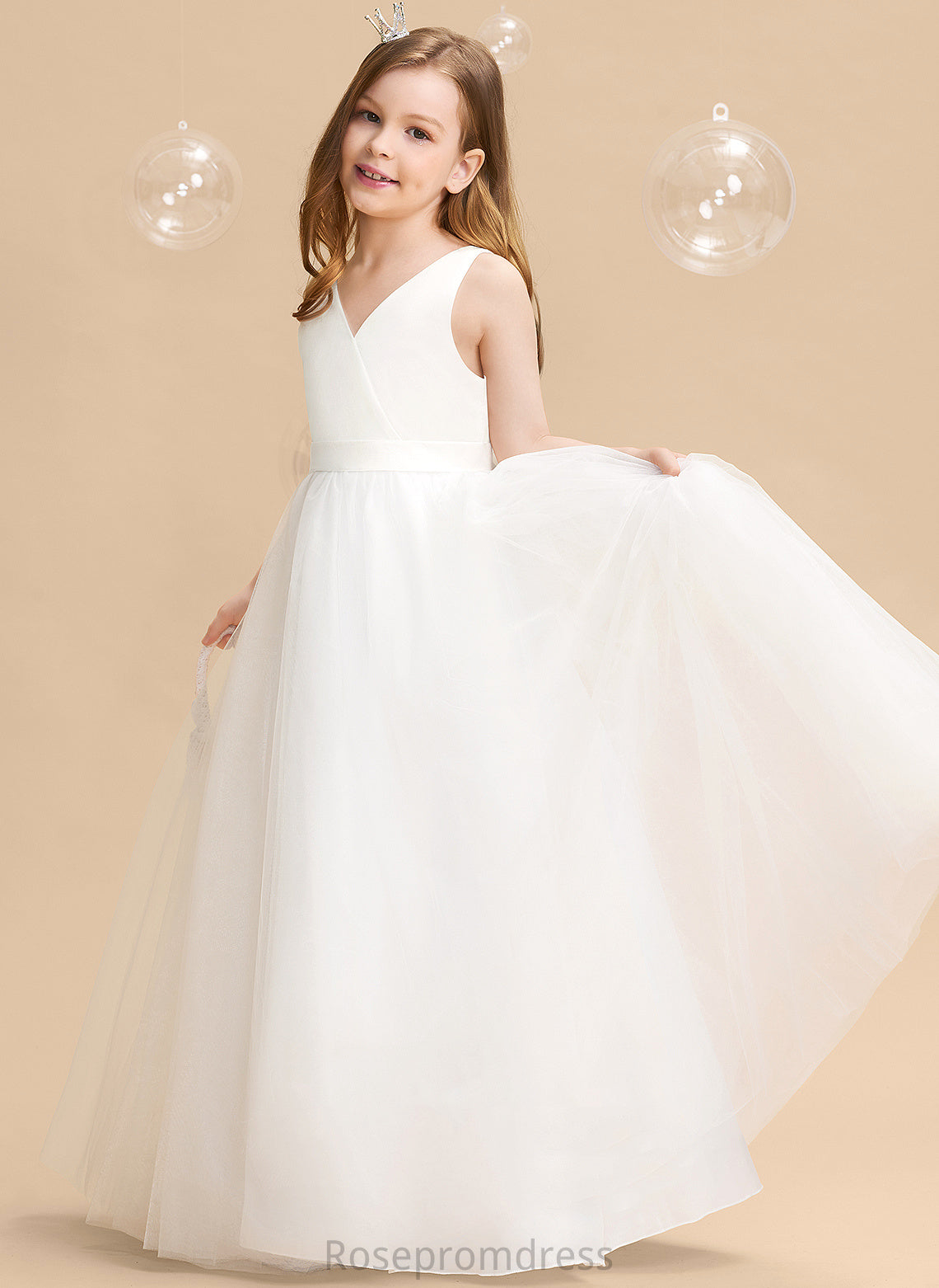 Destiney Sleeveless Ball-Gown/Princess Girl Flower V-neck Back - Floor-length Bow(s)/V Dress Tulle Flower Girl Dresses With