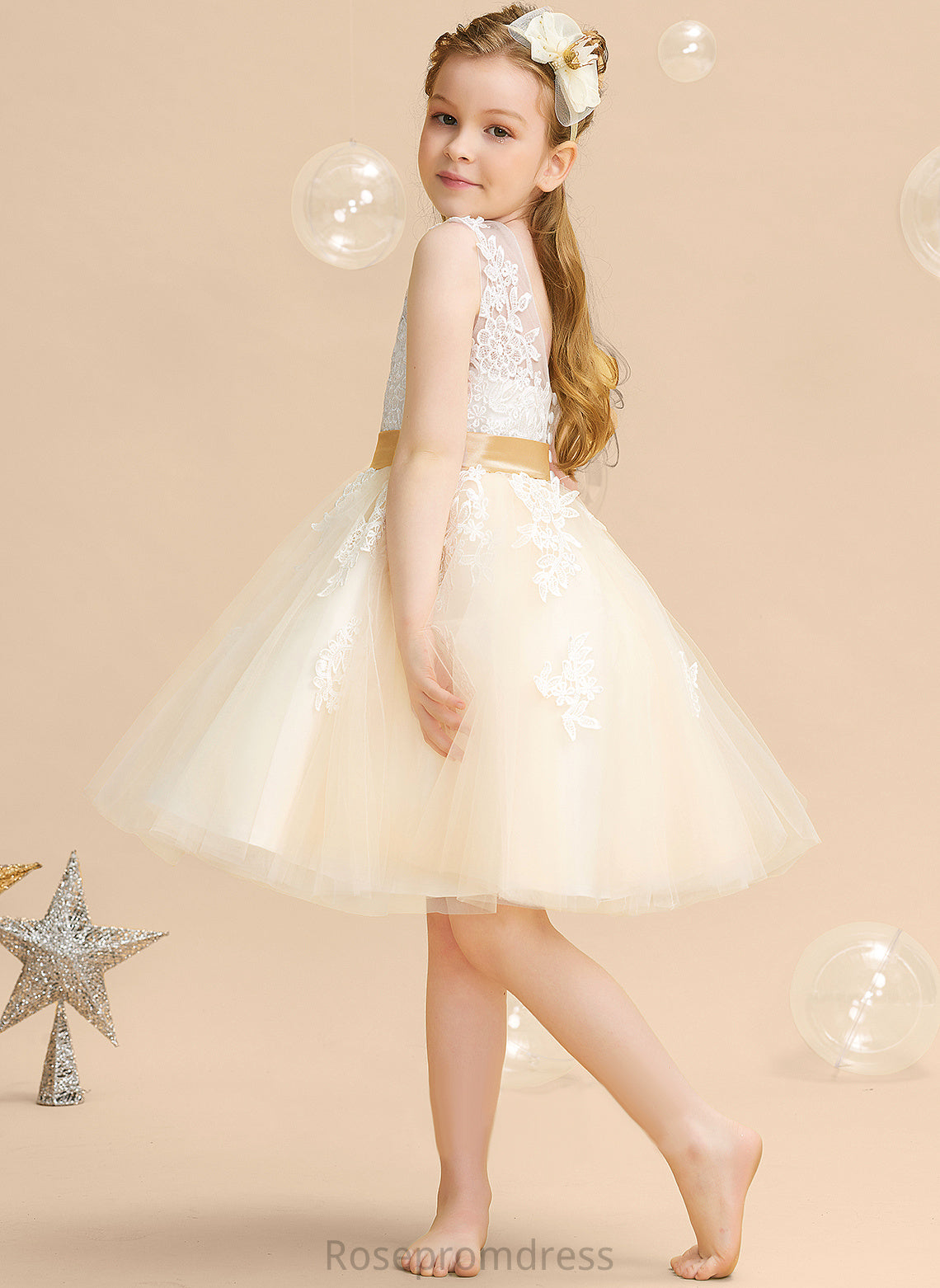 With Dress Girl Neck A-Line Appliques/V Lana Back Sleeveless Scoop Flower - Flower Girl Dresses Satin/Tulle/Lace Knee-length