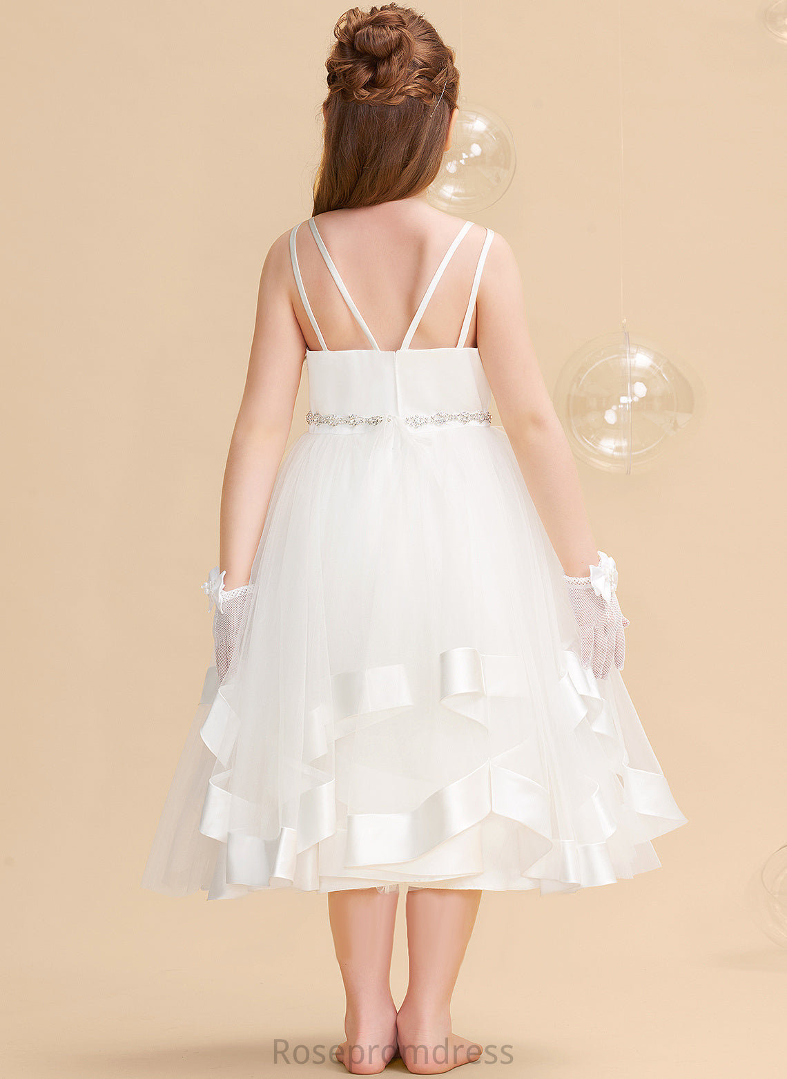 Tea-length Straps Flower Dress Satin/Tulle Beading Girl With Kaleigh Sleeveless A-Line - Flower Girl Dresses