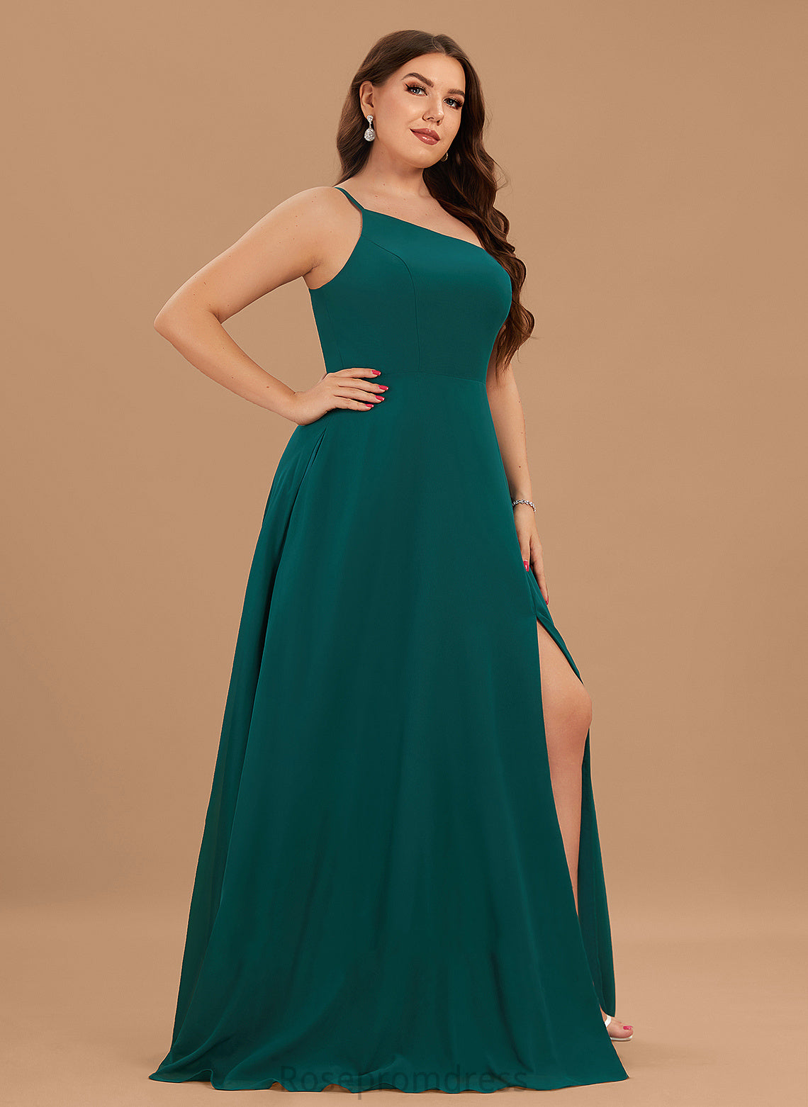 Neckline SplitFront Embellishment One-Shoulder Length A-Line Fabric Silhouette Floor-Length Pockets Amina Bridesmaid Dresses