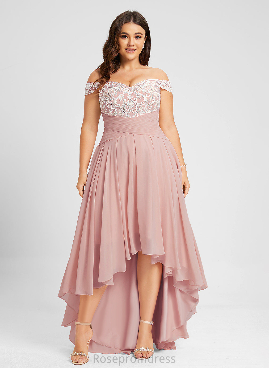 Asymmetrical Lace Prom Dresses Chiffon A-Line Pleated Lucy With Off-the-Shoulder