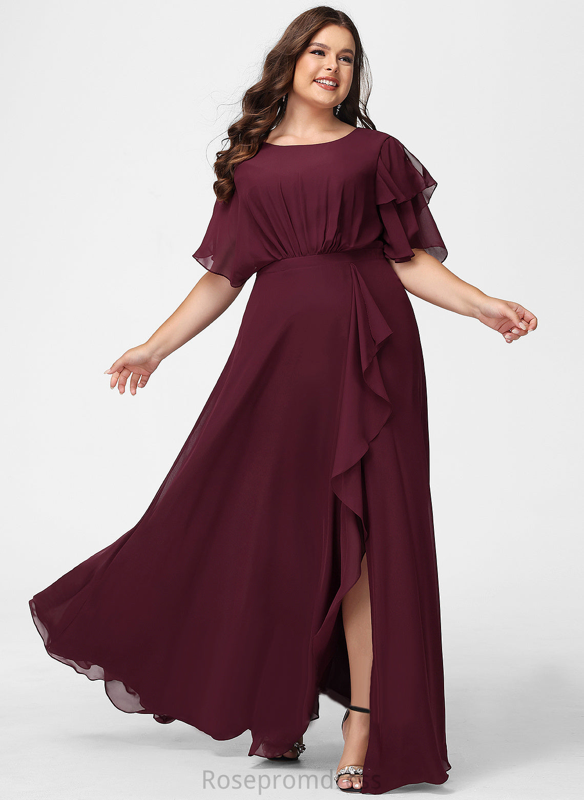 ScoopNeck Ruffle Fabric SplitFront Floor-Length A-Line Length Silhouette Embellishment Neckline Jimena Bridesmaid Dresses