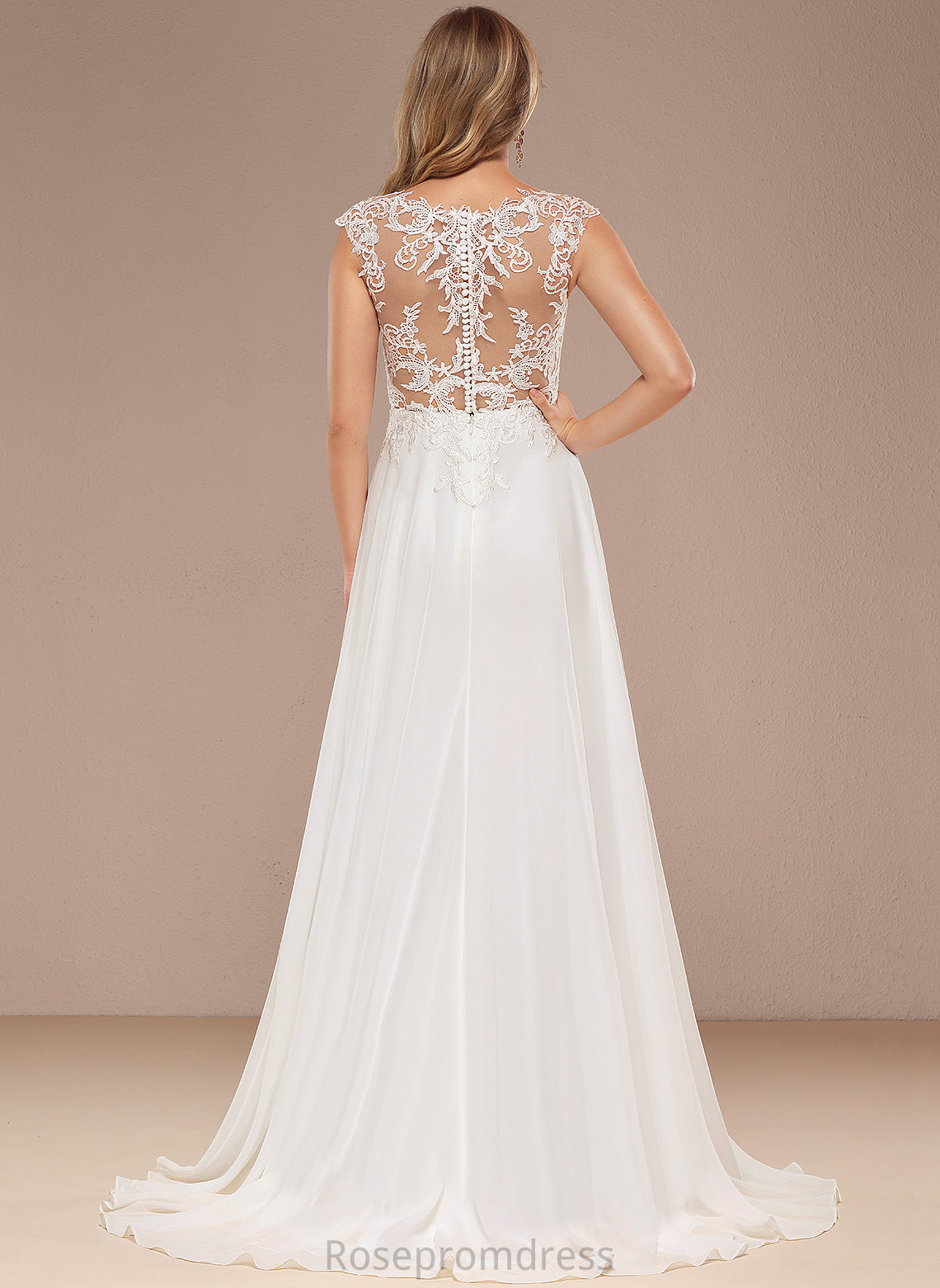 Wedding Dresses Train V-neck Sweep A-Line Emilee Dress Chiffon Lace Wedding