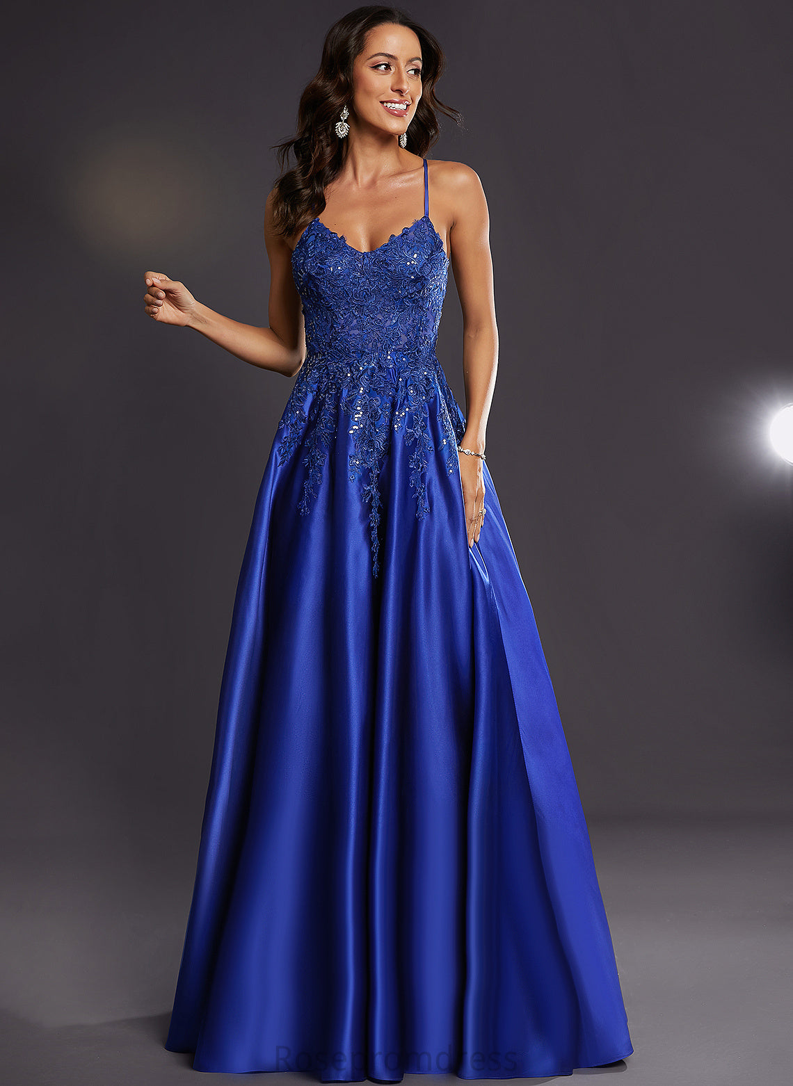 Floor-Length V-neck Prom Dresses Estrella Satin With Sequins A-Line