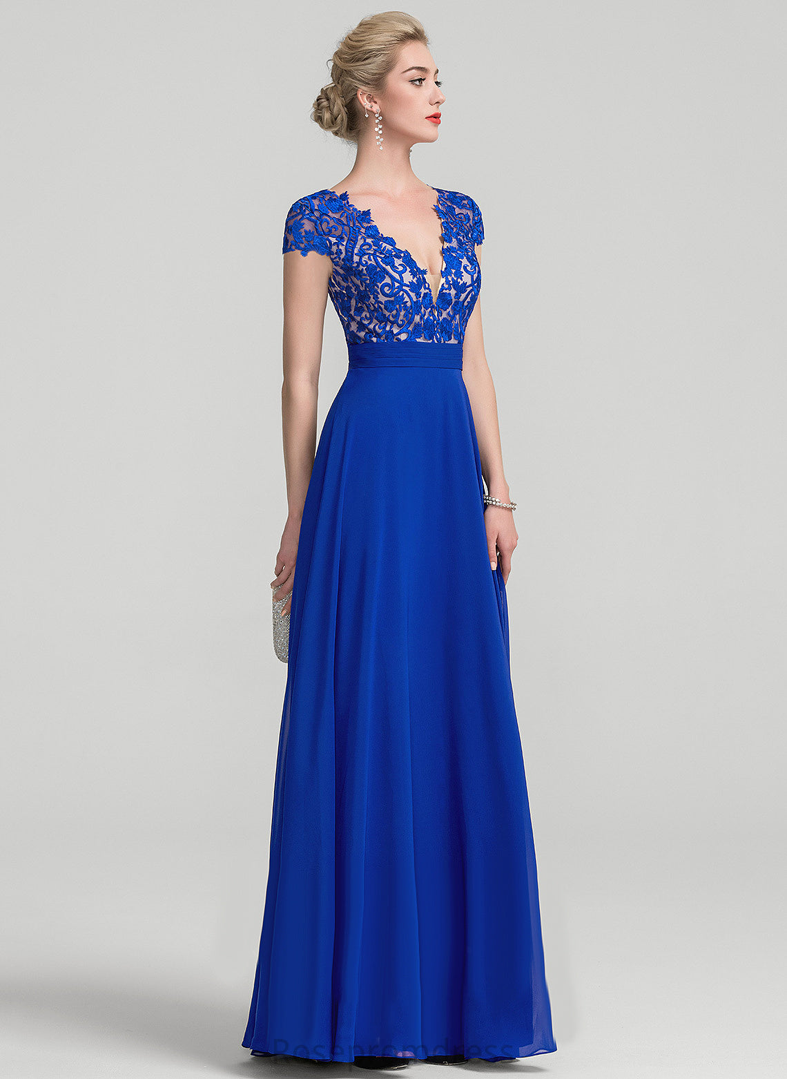 A-Line Lorna Ruffle With Floor-Length Chiffon V-neck Lace Prom Dresses