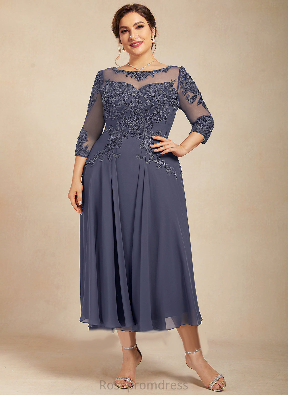 the Sequins Tea-Length Beading Mother Dress Lace Neck With A-Line of Mother of the Bride Dresses Annika Chiffon Bride Scoop