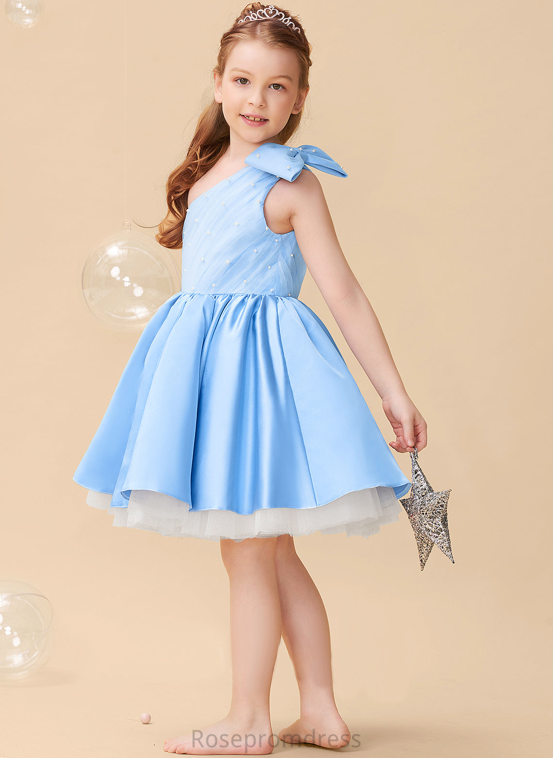 Beading/Bow(s) One-Shoulder Flower With Sleeveless Satin/Tulle A-Line Flower Girl Dresses Fernanda Dress Knee-length Girl -