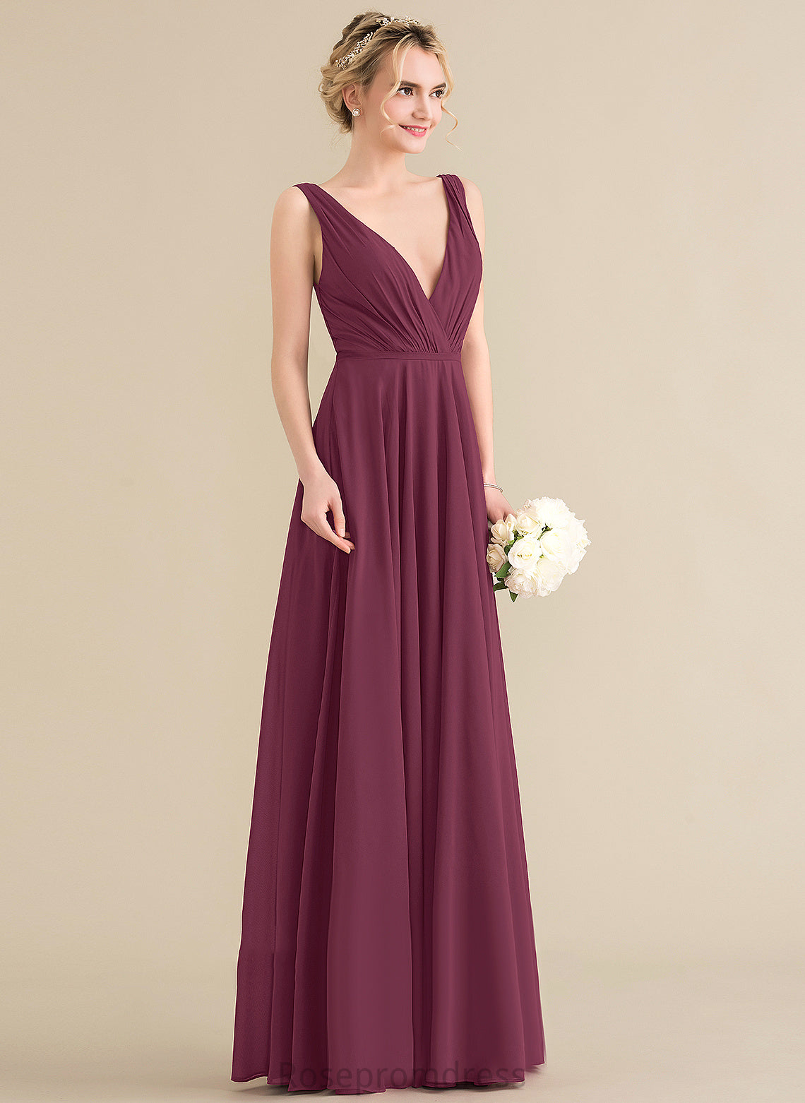 A-Line Floor-Length Pleated Chiffon Prom Dresses V-neck With Violet