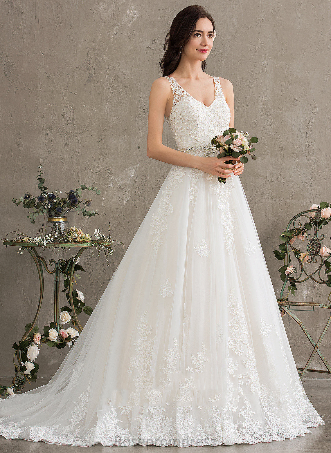 Wedding Dresses V-neck Court Beading Kenna Train With Sequins Ball-Gown/Princess Wedding Lace Dress Tulle